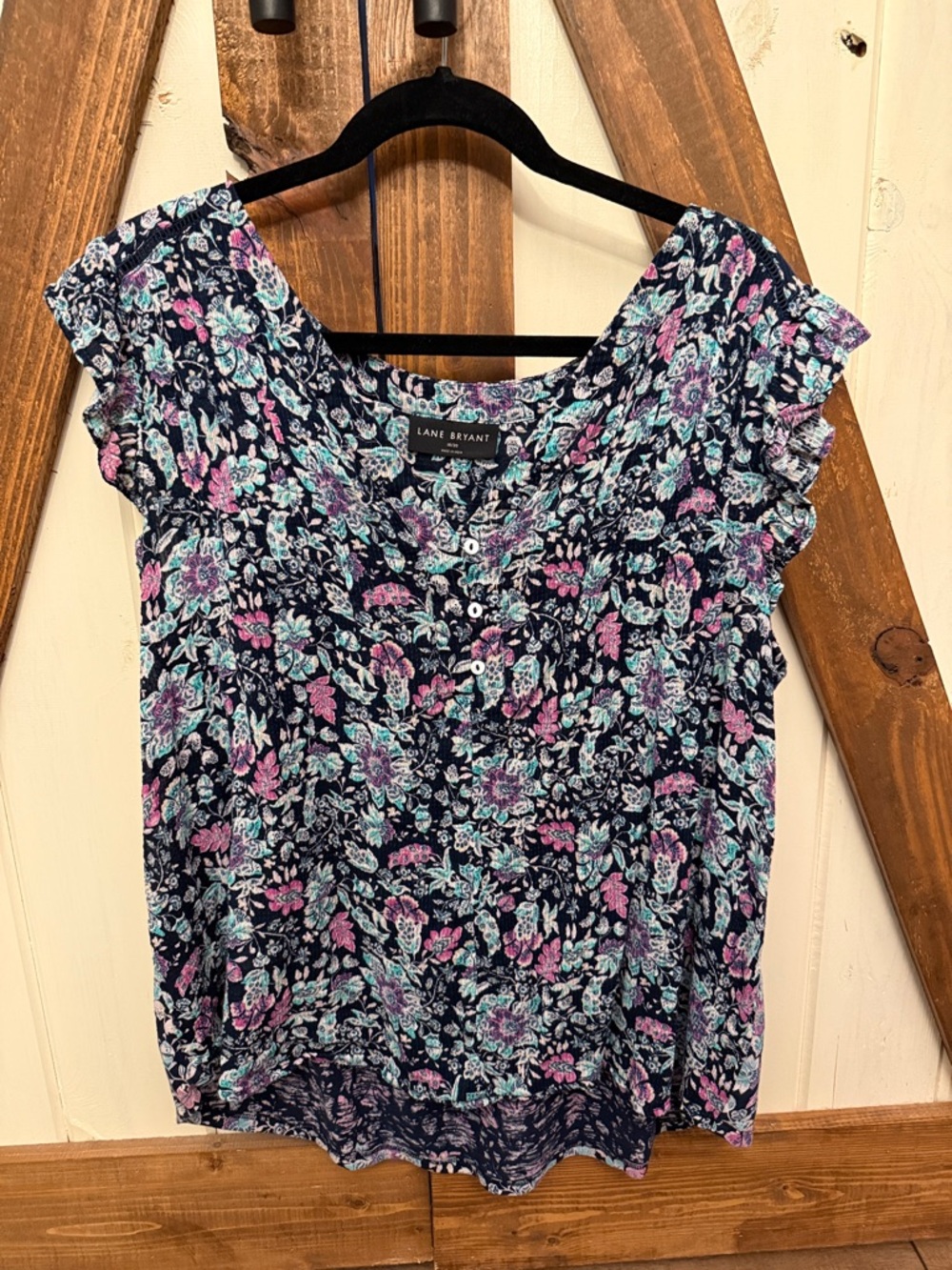 Lane Bryant Navy Floral Cap-Sleeve Blouse with Pink & Teal Accents 18/20